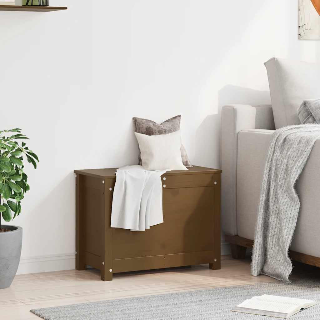 Baúl marrón miel 60 x 32 x 45,5 cm caja de almacenamiento de madera maciza de pino con tapa y muelle de gas, caja rústica para salón y pasillo, caja de madera versátil