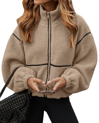 Glamaker Womens Sherpa Fuzzy Fleece Jackets Casual Warm Winter Zip Up Long Sleeve Fluffy Coats 2025 FAll With Pockets