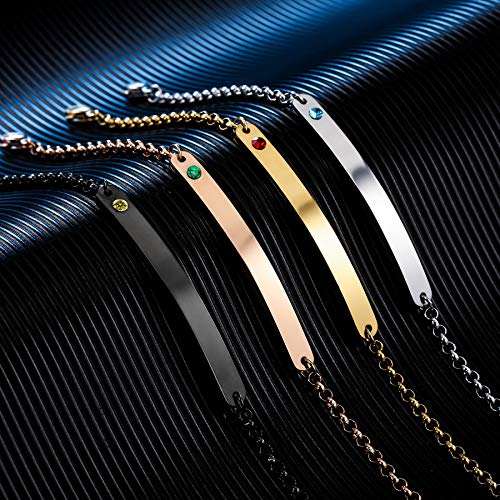 Memediy Personalized Birthstone Bar Bracelet Customized Engraving Name/Date/Coordinates For Women Girlfriend Stainless Steel Dainty Cute Adjustable Link Chain Bridesmaid Gift (Silver Color) #TOP3