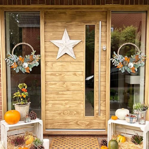 Image of 2PCS 16 inch Wood Beads Wreath,Fall Wreaths for Front Door,Eucalyptus Berries Pumpkins Lamb Ears Leaves Autumn Wreaths for Front Door, Fall Decor, Porch Wall, Home Outdoor Holiday Decor