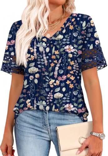 XIEERDUO Womens Summer Tops Dressy Casual Blouses for Women V Neck Short Sleeve Shirts Fashion Clothes Curved Hem Flowy