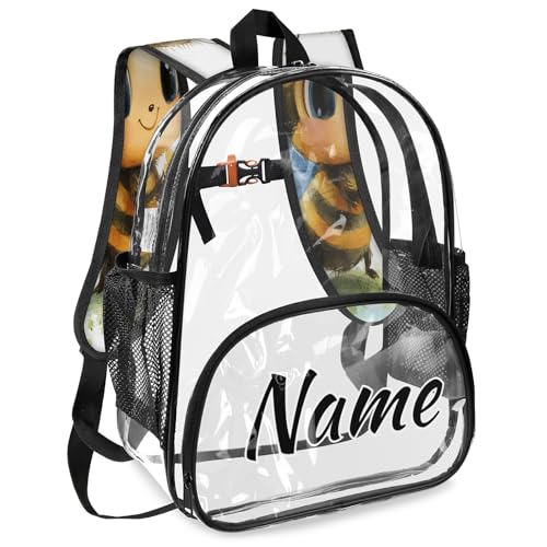 Personalized Cartoon Bee Clear Small Backpack for Stadium Events Custom Transparent Backpacks with Name Heavy Duty PVC Plastic See Through Clear Bag for Concerts Daisy Flowers Bees