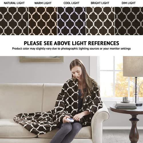 Beautyrest Ogee Printed Plush Electric Blanket for Cold Weather, Fast Heating, Auto Shut Off, Virtually Zero EMF, Multi Heat Setting, UL Certified, Machine Washable, Brown Oversized Throw 60x70