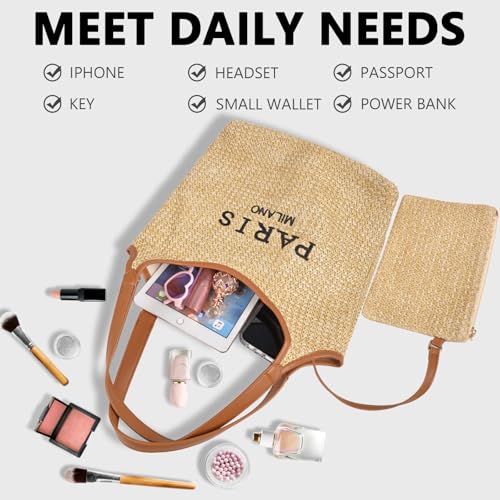 Women Straw Beach Tote Bag - Paris Milano Woven Handbag Summer Vacation Raffia Shoulder Bag with Wristlet Purse Wallet4