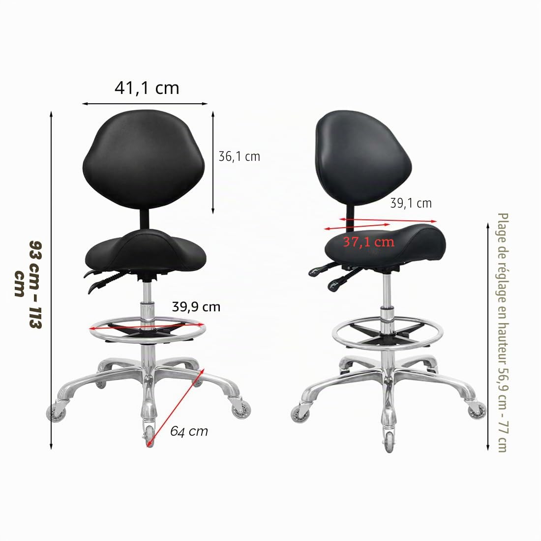 Tabouret de selle avec support dorsal et repose-pieds, très résistant (158,8 kg), tabouret hydraulique pivotant réglable pour salon, spa, beauté, massage, clinique, maison, bureau (noir)