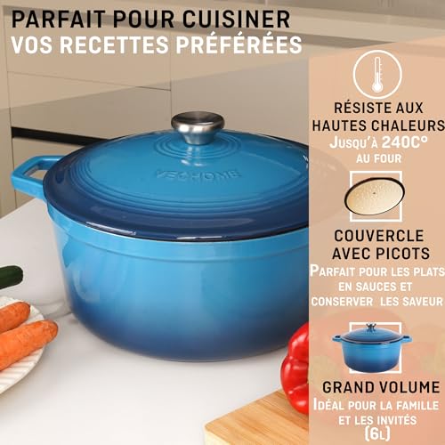 Cocotte Fonte Émaillée VeoHome 6L, Faitout Ultra Résistant,Marmite Compatible Induction/Gaz/Four, Cuisson Homogène, Saveurs Authentiques, Couvercle Relief (Bleu, Ronde 6 Litres (28 cm)) – Image 3