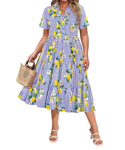 Image of CARCOS Plus Size Dresses for Curvy Women Collared Vneck Short Sleeve Dresses Midi Summer Ruffle Dress with Pocket XL-5XL