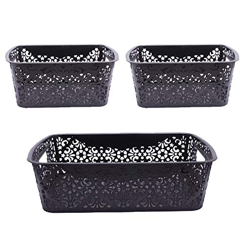 Image of Cutting Edge Essentials Plastic Storage Baskets /Shelf /Turkish Rack without Lid - Set of 3 for Fruit Vegetable Bathroom Stationary Home Basket with Handle (Black, 1 Medium, 2 Small)