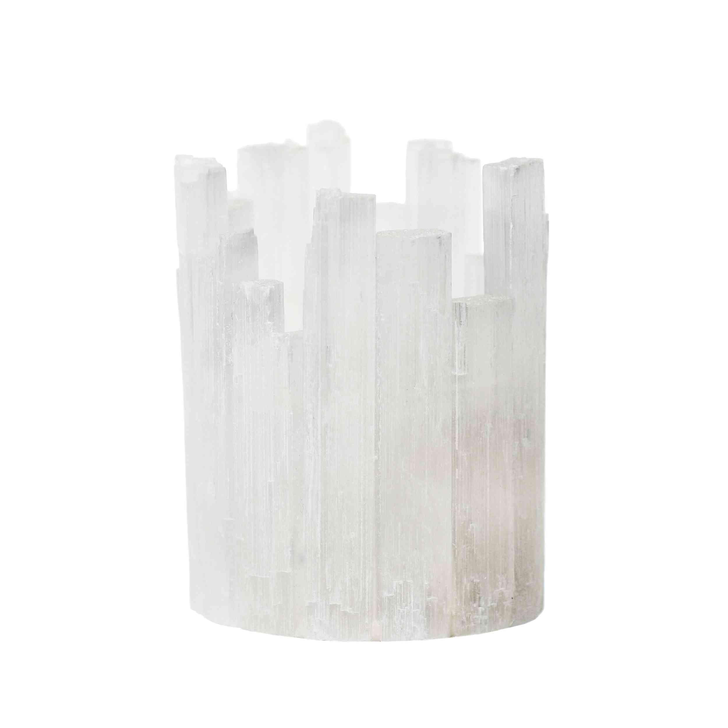 NKlaus 4 x świecznik na podgrzewacze Selenit 11 x 8 cm – świecznik z naturalnego kamienia kryształowego w kolorze białym do duchowego uzdrawiania, medytacji i harmonijnego kształtowania przestrzeni