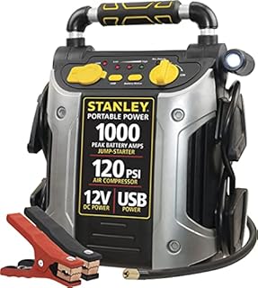 STANLEY J5C09 Portable Power Station Jump Starter: 1000 Peak/500 Instant Amps- 120 PSI Air Compressor- USB Port- Battery Clamps
