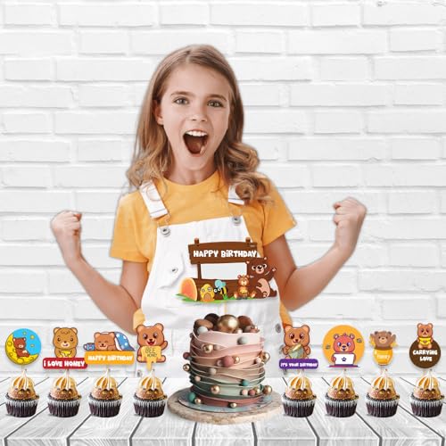 Image of Festiko Set of 9 Pcs Bear Theme Happy Birthday Combo (Cake & Cupcake Toppers), Cake Decoration Supplies, Bear theme birthday decorations