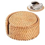 Posavasos de ratán – Juego de 6 de ratán Natural, decoración Boho para casa, decoración para Mesa de Comedor y portavasos, para salón, Comedor, Oficina,