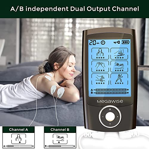 Megawise 48 Modes（24 * 2） Dual Channel Ems Tens Unit Muscle Stimulator With 14Pcs Reusable Electrode Pads. Rechargeable Continuous Mode Electronic Pulse Massager With Storage Pouch/Pads Holder #TOP2