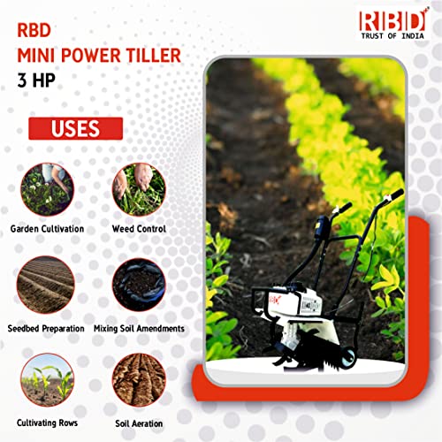 Image of RBD 3HP 2-Stroke AIR Cooled Petrol Mini Tiller Cultivator - Heavy Duty Power Weeder for Agriculture Farming, Soil for Plants Home Garden, Vegetable Garden & Crop with High Strength Steel Blades