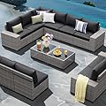 JOIVI 12 Pieces Outdoor Patio Furniture Set, Rattan Patio Sectional Sofa Conversation Set with Coffee Table, PE Wicker L-Shaped Sofa Set with Cushions for Garden, Backyard, Deck, Gray