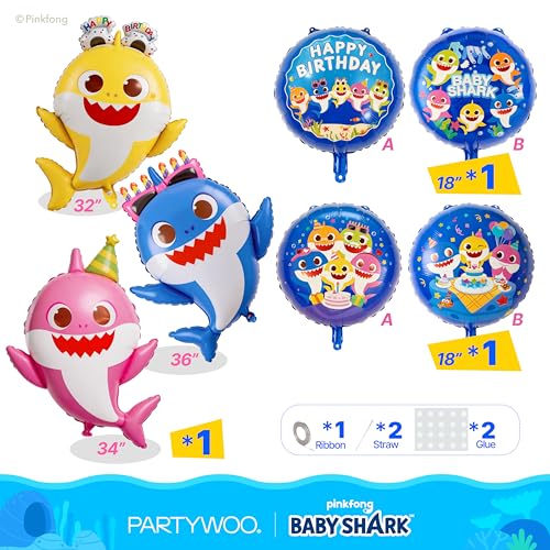 Image of PartyWoo Baby Shark Family Foil Balloons 5pcs Baby Shark Family Blue Round Mylar Helium Balloons for Boys and Girls Birthday Decorations Under the Sea Ocean Theme Kids Birthday Party Decorations