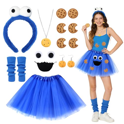 Cookie Monster Costume for Women Biscuits Monster Costume with Headband Tutu Skirt Eyes Mouth Stickers Biscuit Stickers Earrings Necklace Cookie Outfit Set for Carnival Fancy Dress Theme Party