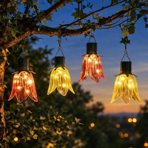 Festive Lights Lot de 4 tulipes solaires d'extérieur - Lanterne à suspendre - Lampes solaires de jardin pour l'extérieur - Décoration de jardin (4 tulipes...