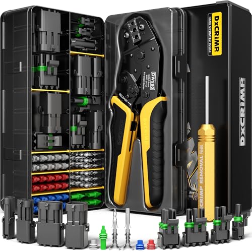 DxCRIMP Weather Pack Connectors Crimping Tool Kit, 1–4 Pin Automotive Connector Set with Ratcheting Crimper 22–12 AWG & Extraction Tool, for Harness Repair, Compatible with Delphi/Aptiv Weather Pack