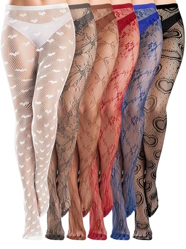 Image of Ramede 6 Pairs Women Fishnet Tights Thigh High Waist Bow Stockings Patterned Lace Fishnet Leggings Pantyhose for Halloween