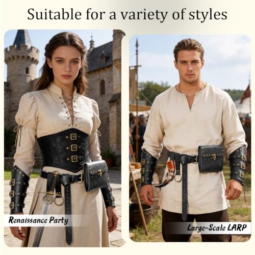 Image of Renaissance Belt Pouch Medieval Viking Leather Bracers Set for LARP