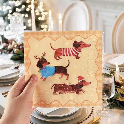 BETESSIN Servietten Weihnachten - 40 Stück Weihnachtsdackel Servietten - Papierservietten mit Dachshund Motiv - Weihnachtsdeko Tisch - Weihnachtsservietten Dackel Deko Weihnachten & Winter