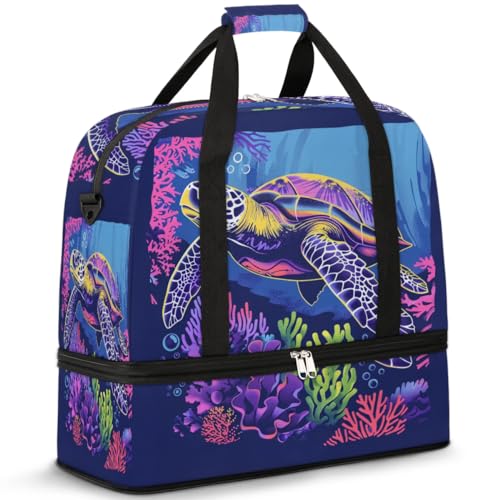 Travel Duffel Bag with Shoe Compartment, Colorful Corals Sea Turtle Shoulder Weekender Bags for Women, Foldable Waterproof Travel Bag Carry on Bag