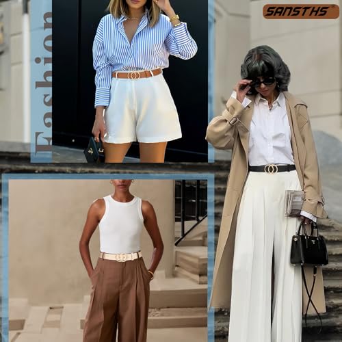 SANSTHS 3 Pack Women Waist Belts for Jeans Pants Dresses, Ladies Belt with Double O-Ring Gold Buckle4