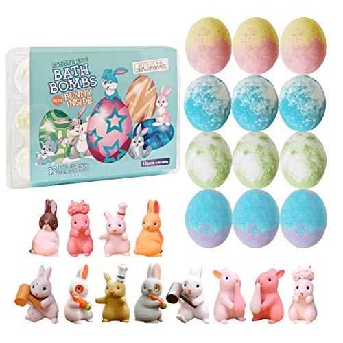 Easter Egg Bath Bomb Gift Set with Bunny Inside, 12 Pack Easter Egg Bath Bombs with Toy for Easter Hunt, Easter Basket Stuffers, Easter Bath Bomb Set with Gift Card.