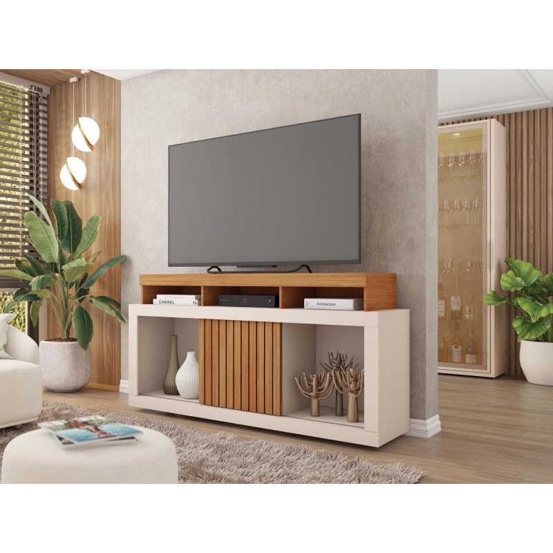 Meuble TV 55 Pouces Chêne et Blanc Ecru 1 Porte 6 roulettes L 136 H 74 P 39 cm