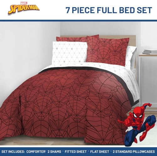 Image of Marvel Spiderman Full Comforter Set 7 Piece Bedding for Boys, Red