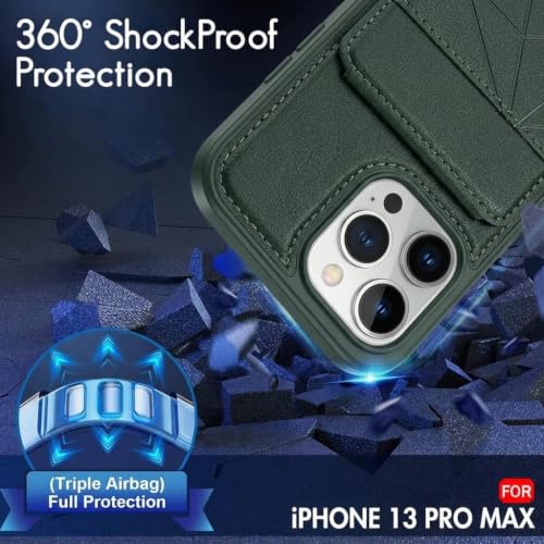 Image of amazon basics Premium Vegan Leather Back Cover with Card Holder and Integrated Mobile Stand for iPhone 13 Pro Max - Slim Shockproof Wallet Case with Geometric Stitching [Green]