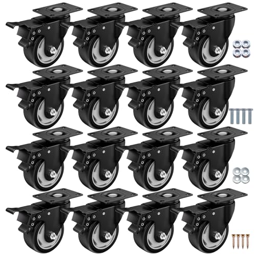 Image of 3 Inch Caster Wheels, Casters Set of 16, ASHGOOB Casters with Brake Heavy Duty, Industrial Locking Swivel Top Plate Castor Wheels for Workbench /Furniture /Cart. （AB Switch, Double Pedal Brake