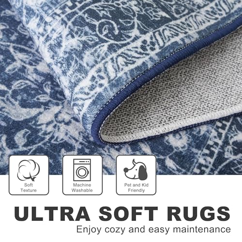 Image of KILOCOCO Small Area Rug 2x3 Entryway Rugs Printed Vintage Floral Machine Washable Rug Non-Slip Kitchen Rug Indoor Door Mat, Accent Throw Rugs for Doorway Hallway Bedroom Entrance, Blue