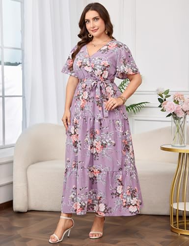 Image of ShopWonder Womens Plus Size V Neck Wrap Maxi Dress High Waist Ruffle Summer Casual Dress with Belt