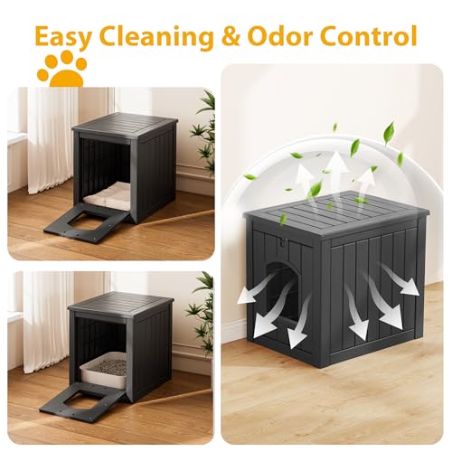 Image of Cat Litter Box Enclosure, Multi-Functional Enclosed Cat Litter Box Furniture, Outdoor Cat House Weatherproof, Openable Front Door & Raised Floor, Easy to Clean & Assemble, Black