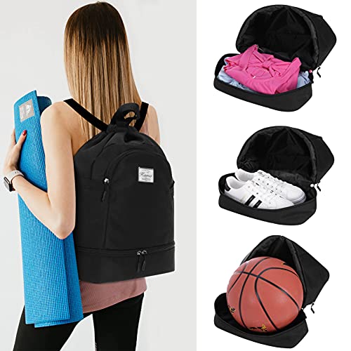 Image of KAMO Drawstring Backpack Bag - Sport Swimming Yoga Backpack with Shoe Compartment, Two Water Bottle Holder for Men Women Large String Backpack Athletic Sackpack for Travel