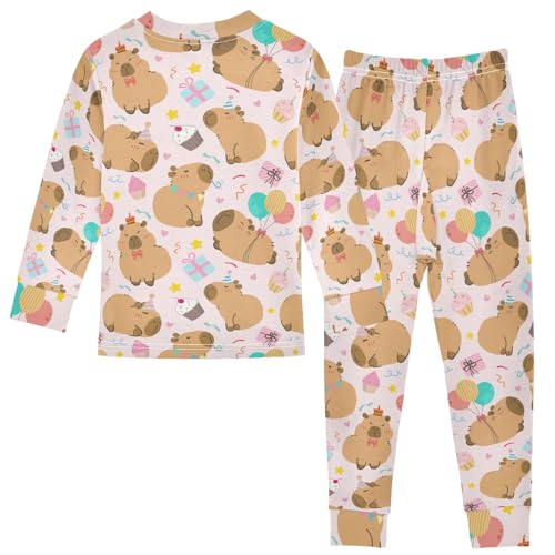 Cute Birthday Party Capybara Pink Cute Pajama Sets Long Sleeve Top and Pants, Snug Fit Sleepwear for Night Wears2