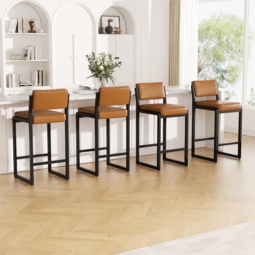 Image of 26In Modern Bar Stools Set of 2 Faux Leather Bar Chairs Caramel | Modern Counter Height Barstools with Back and Footrest, Sturdy Thickened Metal Leg, Kitchen Stools for Island