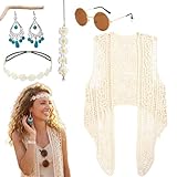 GYHWOFUL Conjunto de disfraz hippie para mujer, 6 piezas, traje boho de los años 60/70 con chaleco, gafas de sol, collar de signo de la paz, pendientes, flores para el pelo y pulsera, para busto <85