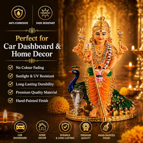 Image of Murugan Statue for Car Dashboard | Premium Hand-Painted Vel & Peacock Design | Murugan Car Dashboard Idol for Car, Office, Housewarming & Return Gifts | Multicolor