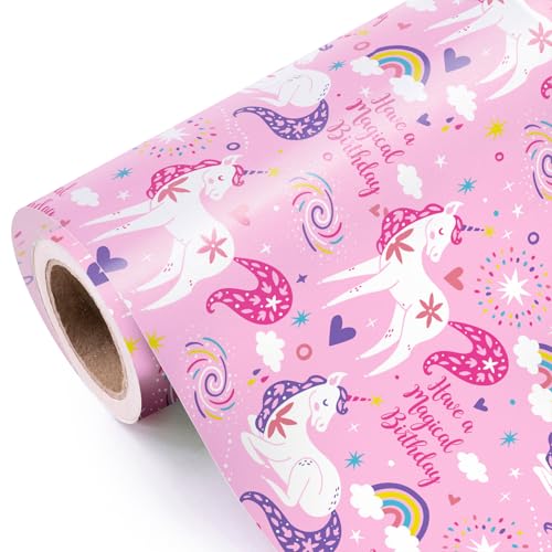WRAPAHOLIC Pink Unicorn Birthday Wrapping Paper Roll - Mini Roll - 17 Inch x 9.8 Feet - Have a Magical Birthday Perfect for Girls Baby Shower Party Holiday