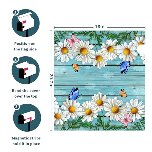 Image of Daisy Flowers Mailbox Cover Magnetic Standard Size 21x18 Inch Spring Floral Mailbox Covers Teal Wood Board Mailbox Decals Mailbox Wraps Post Letter Box Covers Garden Yard Home Decor