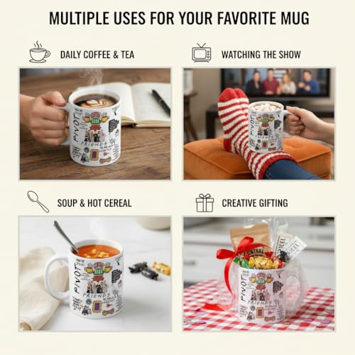 Image of Friends TV Show All-Over Quote and Character Icons Themed Ceramic Coffee Mug, 11oz (330ml), Featuring Central Perk, Pivot! and Joey Doesn't Share Food! Quotes, Ideal for Die-Hard Fans