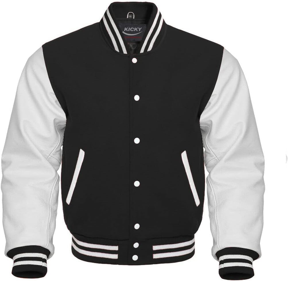 Kicky Men's Varsity Jacket Original Leather Sleeves and Wool Blend Letterman Boys College Varsity Jackets XS-5XL