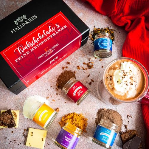 Hallingers Trinkschokolade & feine Heißgetränke - 5 Sorten Trinkschoki Geschenk-Set mit Schokolade, Chai Tee und Goldene Milch Gewürz (Set) - Geschenkideen Weihnachten & Geschenke Adventskalender | Ge