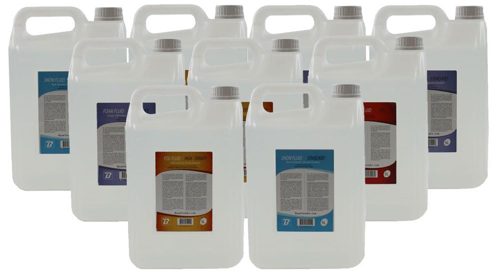 Liquide BoomToneDJ Foam Fluid Longue Durée 5L, solution à diluer pour machines à mousse à pompe. Formule à base d’eau, haute pureté, mousse blanche abondante, économique et fabriquée en France.