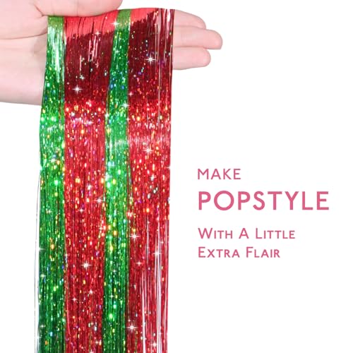 Image of WENNALIFE Hair Tinsel for Girls, Chrismas Fairy 2PCS Red 2PCS Green 1PCS Gold 1PCS Silver 1200 Strands 6PCS 48 Inch Glitter Tinsel Hair Extensions Christmas Gift Sparkle Strands