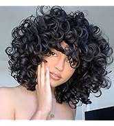 RuiYok Short Loose Curly Wig With Bangs 14 Inch Fluffy Curly Wig Natural Black Loose Curly Synthe...
