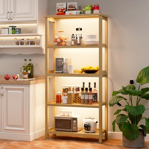 Vlsrka Wooden Bookshelf with Lights, 5 Tier Bookshelf with Storage,